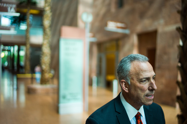 Clark County District Attorney Steve Wolfson talks with reporters following guilty pleas from Erich Nowsch and Derrick Andrews in the death of Tammy Meyers at Regional Justice Center in Las Vegas ...