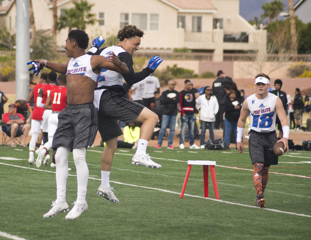 702 Elite's Alex Perry (4), left and Ethan Dedeaux (2) celebrate during their game against Texas Elite during the Pylon Elite 7v7 Las Vegas National football tournament at All American Park in Las ...