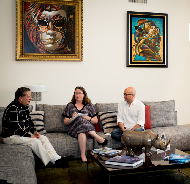 Writer Holly Devore talks to homeowner Mickey Gonzalez and his Realtor Ivan Sher about the $9 million MacDonald Highlands home. (TONYA HARVEY/REAL ESTATE MILLIONS)