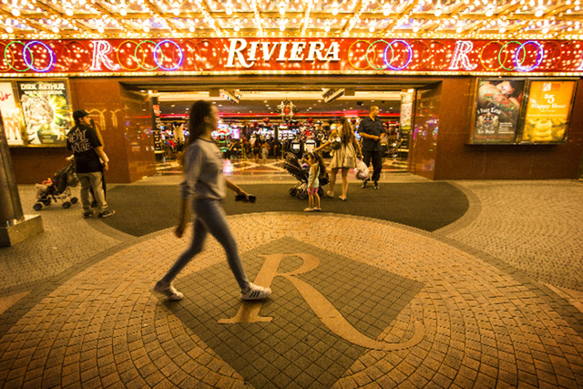 People walk in front of the Riviera hotel-casino, 2901 South Las Vegas Boulevard on Monday, April 20, 2015. Jeff Scheid/Las Vegas Review-Journal) Follow Jeff Scheid on Twitter @jlscheid
