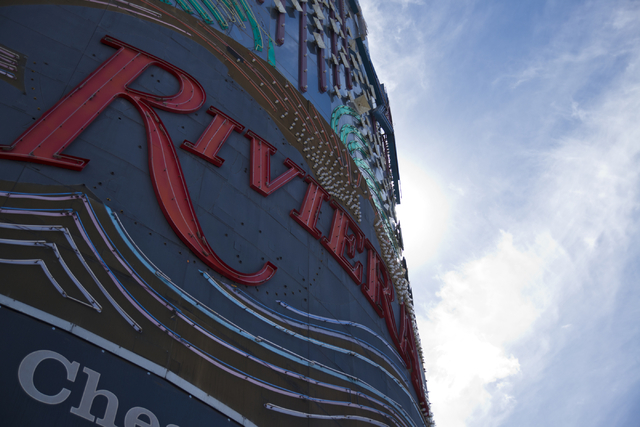 The sign at the shuttered Riviera hotel-casino is seen on the Las Vegas Strip on Tuesday, March 29, 2016. The casino, once demolished, will make way for an expansion of the Las Vegas Convention Ce ...
