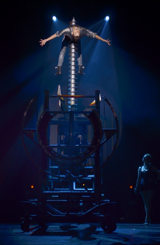 Jan Rouven appears to be pierced by a giant drill during "Illusions" at the Tropicana hotel-casino at 3801 Las Vegas Blvd. S. in Las Vegas on Wednesday, March 11, 2015. (Bill Hug ...