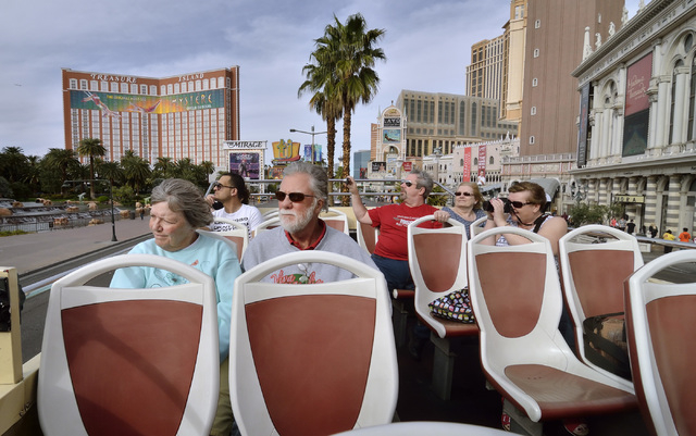 Passengers are shown on a double-decker bus during a Big Bus tour of the Strip in Las Vegas on Wednesday, March 9, 2016. Bill Hughes/Las Vegas Review-Journal
