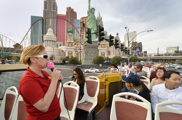 Tour guide Jessica Dotterer, left, talks about the sights during a Big Bus tour of the Strip in Las Vegas on Wednesday, March 9, 2016. Bill Hughes/Las Vegas Review-Journal