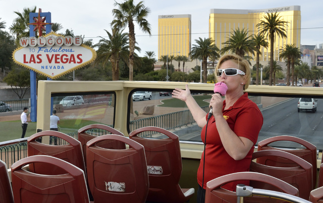 Tour guide Jessica Dotterer talks about the sights during a Big Bus tour of the Strip in Las Vegas on Wednesday, March 9, 2016. Bill Hughes/Las Vegas Review-Journal