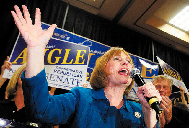 Sharron Angle speaks to supporters after winning the Nevada Republican U.S. Senate primary election race Tuesday, June 8, 2010. Angle has filed as a Republican candidate for the seat of outgoing U ...