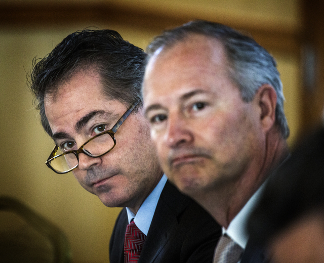 Steve Hill, right, chairman of the Southern Nevada Tourism Infrastructure Committee, and Len Jessup, president of UNLV, during a board meeting on the proposed new stadium at UNLV on Thursday, Marc ...