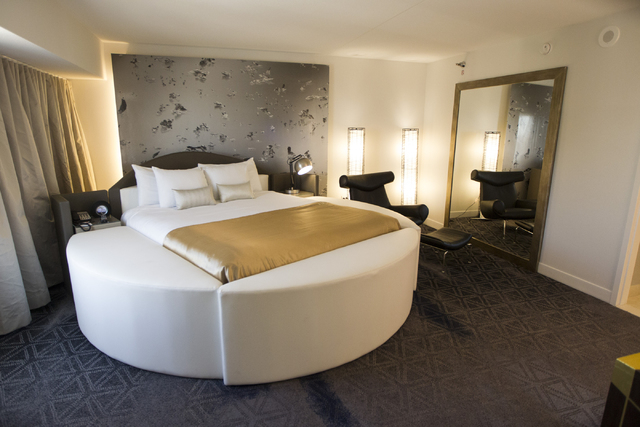 A standard king size bedroom at the Paris casino-hotel is seen on  Wednesday, March 16, 2016, in Las Vegas. Erik Verduzco/Las Vegas  Review-Journal Follow @Erik_Verduzco