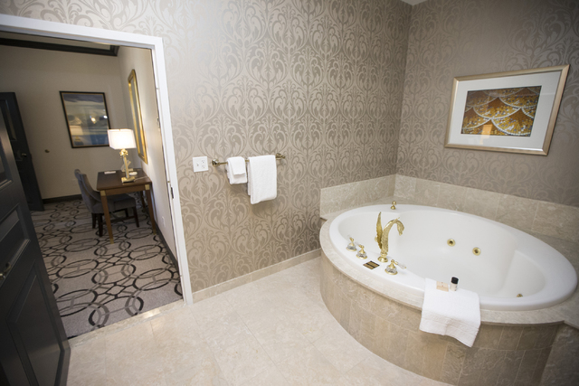 The bathroom inside the Nice suite at the Paris casino-hotel is seen on  Wednesday, March 16, 2016, in Las Vegas. Erik Verduzco/Las Vegas  Review-Journal Follow @Erik_Verduzco