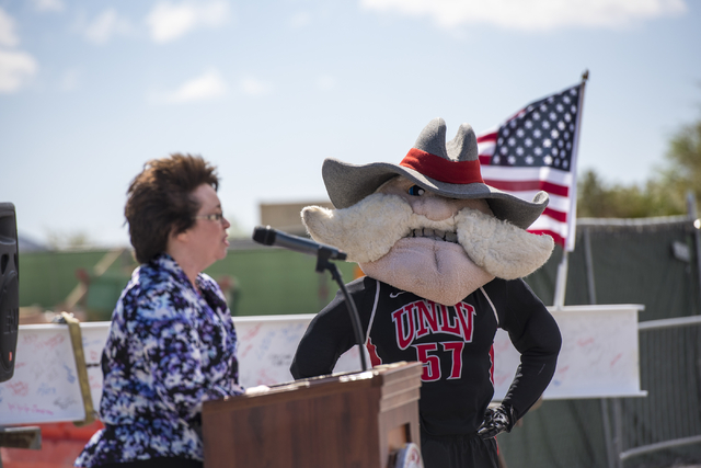 Hey Reb looks on as Clark County Commissioner Mary Beth Scow speaks during the Thomas & Mack topping-off ceremony at UNLV in Las Vegas on Tuesday, March 22, 2016. Joshua Dahl/Las Vegas Review- ...