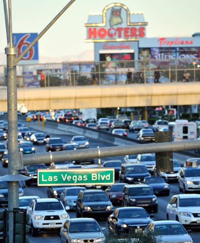 Vehicle traffic travels along Tropicana Avenue at the Strip in Las Vegas on Thursday, Feb. 26, 2015. David Becker/Las Vegas Review-Journal