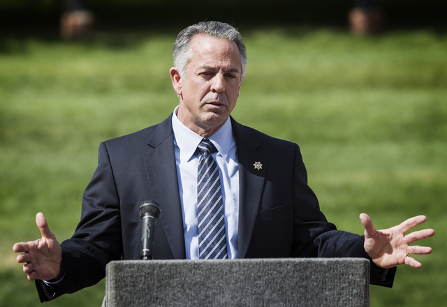 Clark County Sheriff Joe Lombardo speaks during a transportation industry press conference at the Clark County Government Center Outdoor Amphitheater, 500 S. Grand Center Parkway, on Monday, May 1 ...