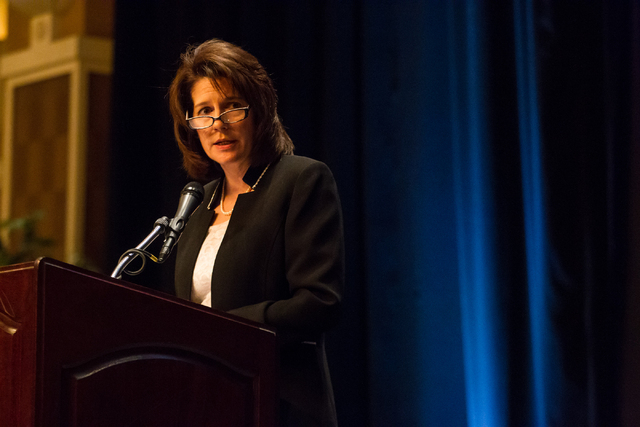 Nevada Attorney General Catherine Cortez Masto speaks about human trafficking in Nevada at the United Citizens Foundation Fundraising Gala at the Orleans in Las Vegas on Friday, Feb. 28, 2014. (Ch ...
