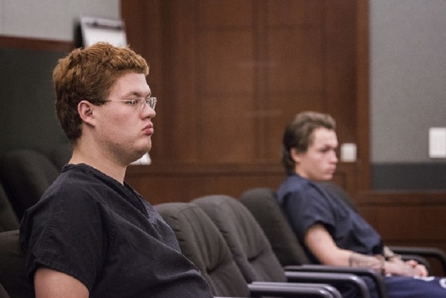 Defendants Derrick Andrews, left, and Erich Nowsch, appear in court at the Regional Justice Center on Thursday, May 21, 2014. Nowsch is accused in the Feb. 12 slaying of Tammy Meyers while Andrews ...