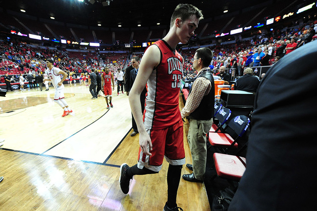 UNLV forward Stephen Zimmerman Jr. (33) walks off the floor after their 95-82 loss to Fresno State during their Mountain West Conference semifinal basketball game at the Thomas & Mack Center i ...