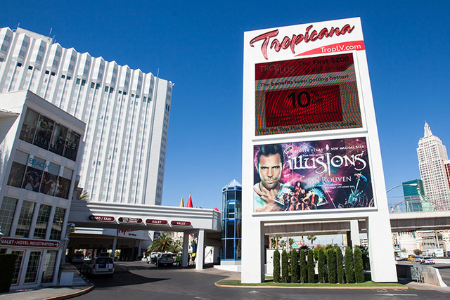 A sign promoting Jan Rouven's show is seen outside of the Tropicana hotel-casino in this photo from April 29, 2015.(Chase Stevens/Las Vegas Review-Journal File)