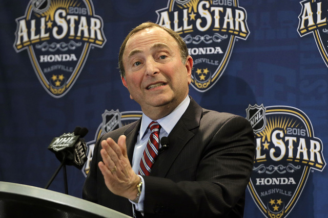 In this Jan. 31, 2016, file photo, NHL commissioner Gary Bettman speaks before the NHL hockey All-Star game skills competition, in Nashville, Tenn. (AP Photo/Mark Humphrey, File)