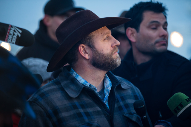 Ammon Bundy speaks with reporters after meeting with Harney County Sheriff Dave Ward, at the Malheur National Wildlife Refuge headquarters near Burns, Ore. on Thursday, Jan. 7, 2016. (Chase Steven ...