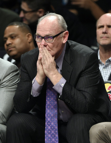 FILE - In this Feb. 5, 2016 file photo, Sacramento Kings coach George Karl reacts to his team's play during the second half of an NBA basketball game against the Brooklyn Nets, in New York. (Kathy ...