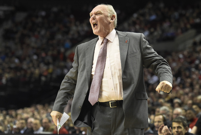 In this Jan. 26, 2016 file photo, Sacramento Kings head coach George Karl reacts to a call during the first half of an NBA basketball game against the Portland Trail Blazers in Portland, Ore. (Ste ...