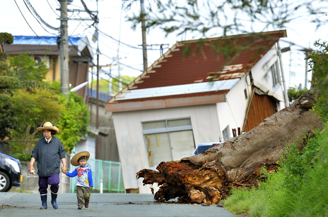 People walk near a fallen tree and house damaged by an earthquake in Mashiki, Kumamoto prefecture, Japan Sunday, April 17, 2016. After two nights of earthquakes, flattened houses and triggered maj ...