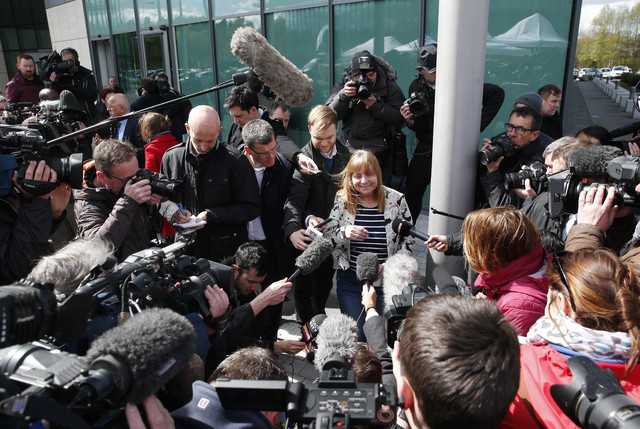 Chair of the Hillsborough Families Support Group, Margaret Aspinall, speaks to the media outside the Hillsborough Inquest in Warrington, England, Tuesday April 26, 2016. The 96 Liverpool soccer fa ...