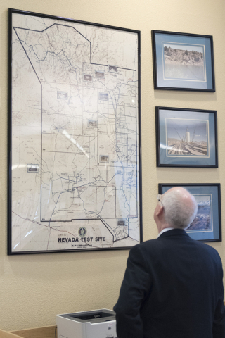 Ambassador Henry S. Ensher of the United States Mission to the International Organizations in Vienna views a map of the Nevada Test Site at the National Atomic Testing Museum in Las Vegas Tuesday, ...
