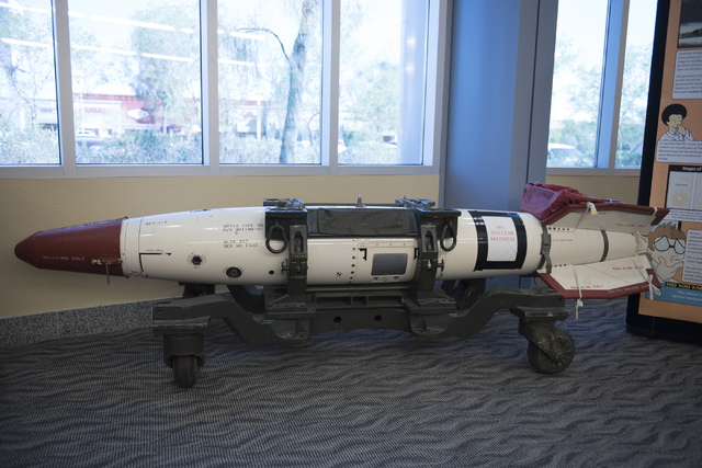 A deactivated nuclear weapon sits in the library at the National Atomic Testing Museum in Las Vegas Tuesday, April 5, 2016.(Jason Ogulnik/Las Vegas Review-Journal)