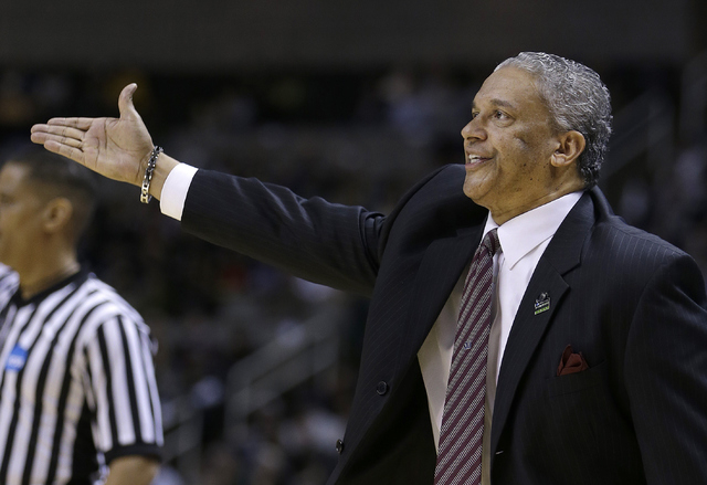 New Mexico State head coach Marvin Menzies gestures during the first half of a second-round game in the NCAA college basketball tournament against Saint Louis in San Jose, Calif., Thursday, March  ...