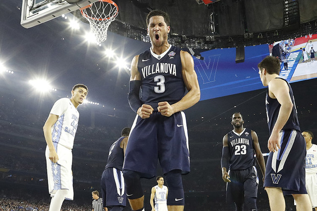 Villanova guard Josh Hart (3) reacts to play against North Carolina during the second half of the NCAA Final Four tournament college basketball championship game Monday, April 4, 2016, in Houston. ...
