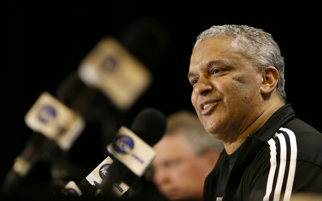 New Mexico State head coach Marvin Menzies speaks during a news conference before practice at the NCAA college basketball tournament, Thursday, March 19, 2015, in Omaha, Neb. New Mexico State play ...