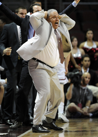 New Mexico State coach Marvin Menzies reacts to a call during the second half of an NCAA college basketball game against Seattle in the first round of the West Athletic Conference men's tournament ...