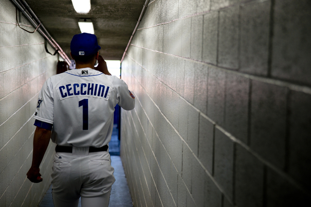Gavin Cecchini (1) walks onto the field during media day for the Las Vegas 51s at Cashman Field in Las Vegas on Tuesday, April 5, 2016. The event was held ahead of opening Thursday's season opener ...