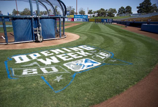 New paint commemorates opening week during media day for the Las Vegas 51s at Cashman Field in Las Vegas on Tuesday, April 5, 2016. The event was held ahead of opening Thursday's season opener aga ...