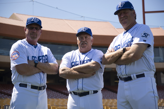 Jack Voigt (28), from left, Wally Backman (6), and Frank Viola (16) pose for a photo during media day for the Las Vegas 51s at Cashman Field in Las Vegas on Tuesday, April 5, 2016. The event was h ...