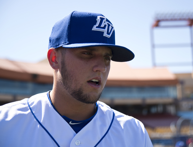 Gavin Cecchihi (1) talks with reporters during media day for the Las Vegas 51s at Cashman Field in Las Vegas on Tuesday, April 5, 2016. The event was held ahead of opening Thursday's season opener ...