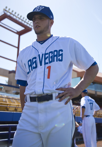 Gavin Cecchihi (1) talks with reporters during media day for the Las Vegas 51s at Cashman Field in Las Vegas on Tuesday, April 5, 2016. The event was held ahead of opening Thursday's season opener ...