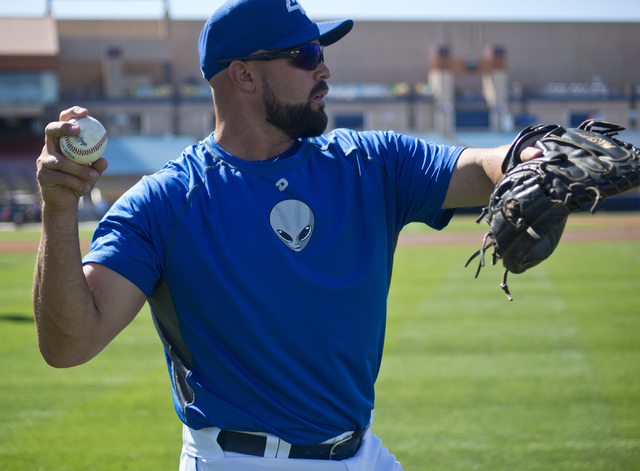 Nevin Ashley (25) throws a ball during media day for the Las Vegas 51s at Cashman Field in Las Vegas on Tuesday, April 5, 2016. The event was held ahead of opening Thursday's season opener against ...