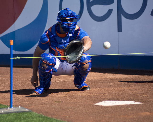 Nevin Ashley (25) catches a ball during media day for the Las Vegas 51s at Cashman Field in Las Vegas on Tuesday, April 5, 2016. The event was held ahead of opening Thursday's season opener agains ...