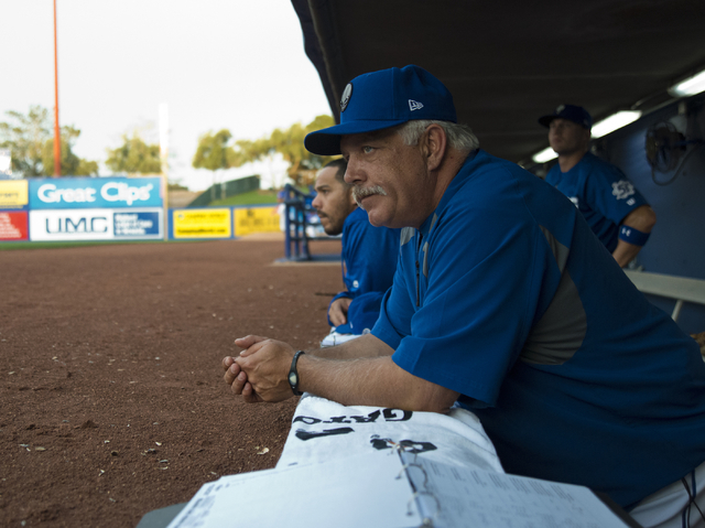 Las Vegas 51s Manager Wally Backman (6) looks out at the field during their game against the Sacramento River Cats at Cashman Field in Las Vegas Thursday, April 14, 2016. (Daniel Clark/Las Vegas R ...