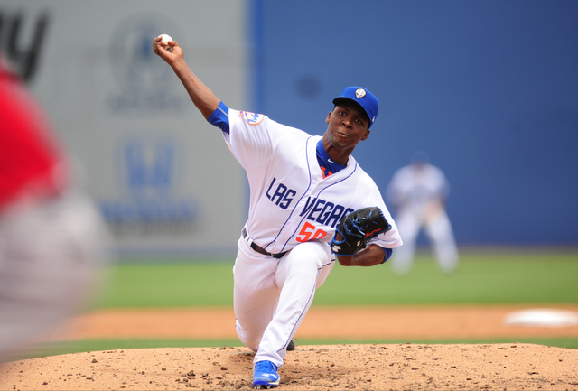 Las Vegas 51s starting pitcher Rafael Montero delivers to the Albuquerque Isotopes in the third inning of their Triple-A minor league baseball game at Cashman Field. (Josh Holmberg/Las Vegas)
