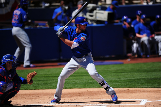Chicago Cubs third baseman Kris Bryant waits for a pitch in the first inning of their MLB preseason baseball game against the New York Mets at Cashman Field in Las Vegas Friday, April 1, 2016. The ...