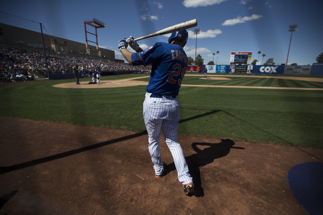 New York Mets Eric Campbell (29) stands on deck in their baseball game against the Chicago Cubs during Big League Weekend at Cashman Field on Friday, April 1, 2016, in Las Vegas. The Mets won 8-1. ...