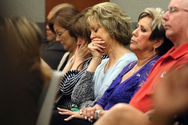 People attend the sentencing of Mark Branco, Anthony Granito and Jeffrey Martin, not pictured, in Judge Valerie Adair's courtroom at Regional Justice Center Tuesday, April 12, 2016, in Las Vegas.  ...