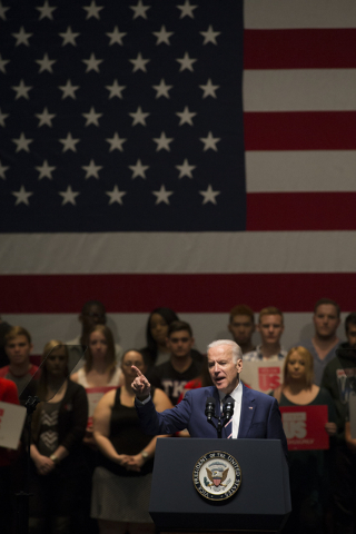 Vice President Joe Biden addresses the crowd during an event aimed at preventing sexual assault on college campuses in coordination with the It's On Us Week of Action, Thursday, April 7, 2016, at ...
