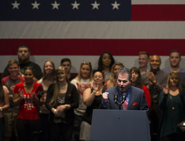 UNLV president Len Jessup speaks to the crowd during an event aimed at preventing sexual assault on college campuses in coordination with the It's On Us Week of Action, Thursday, April 7, 2016, at ...