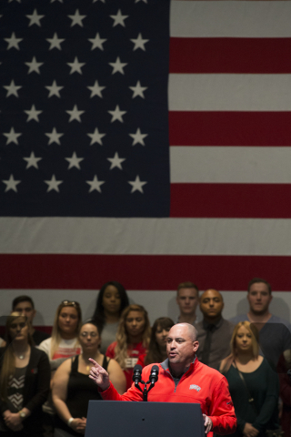 UNLV head football coach Tony Sanchez speaks to the crowd during an event aimed at preventing sexual assault on college campuses in coordination with the It's On Us Week of Action, Thursday, April ...