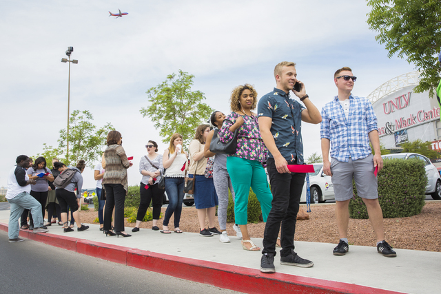Crowd's gather outside Cox Pavilion at UNLV to see Lady Gaga and Vice President Joe Biden at an event aimed at preventing sexual assault on college campuses in coordination with the It's On Us Wee ...