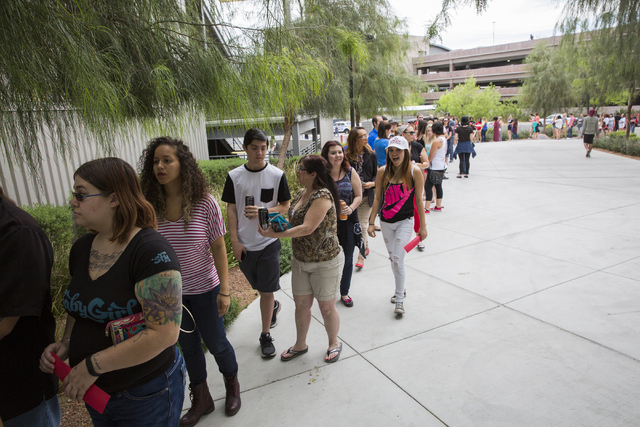 Crowds gather outside Cox Pavilion at UNLV to see Lady Gaga and Vice President Joe Biden at an event aimed at preventing sexual assault on college campuses in coordination with the It's On Us Week ...