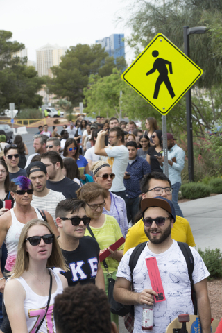 Crowds gather outside Cox Pavilion at UNLV to see Lady Gaga and Vice President Joe Biden at an event aimed at preventing sexual assault on college campuses in coordination with the It's On Us Week ...